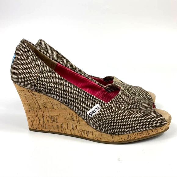 Women's Toms Stella Peep Toe Cork Wedge Shoes Tweed Black & Natural Size 8 - Picture 2 of 9